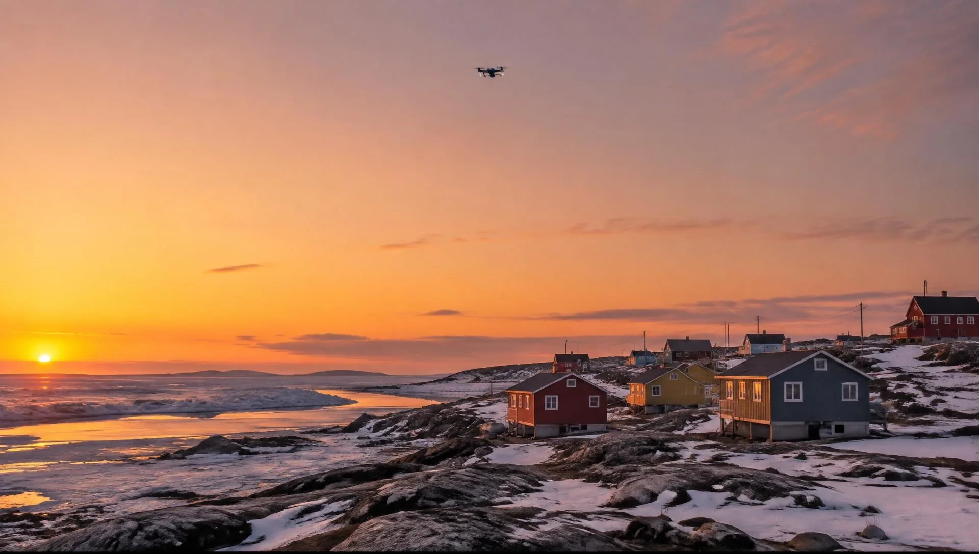 A northern Canadian coastal community at dusk with a small drone overhead