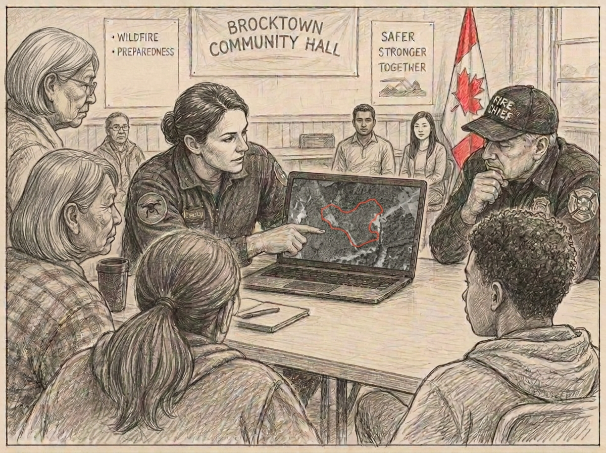 Sketch of a pilot showing drone footage at a community hall