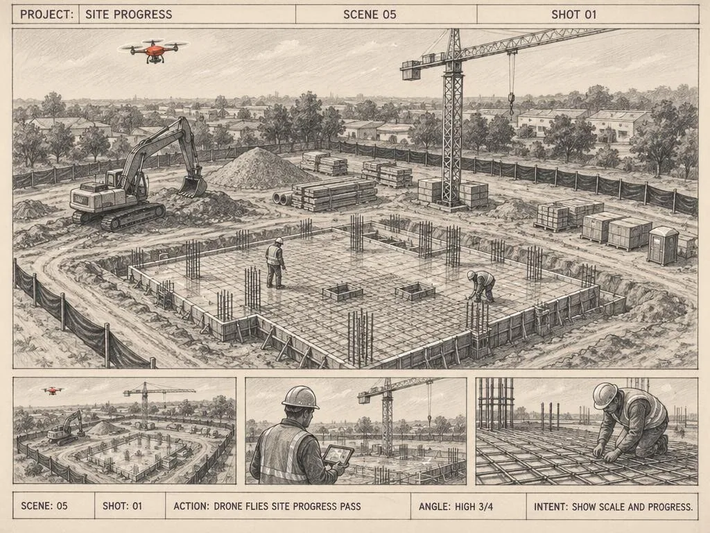 Sketch of a drone flying a progress pass over an active construction site