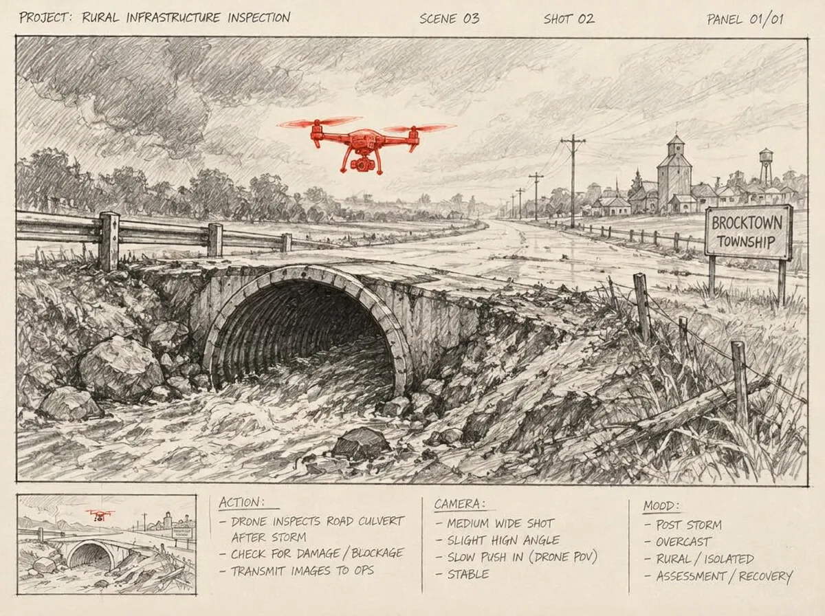 Sketch of a drone checking a culvert after a storm