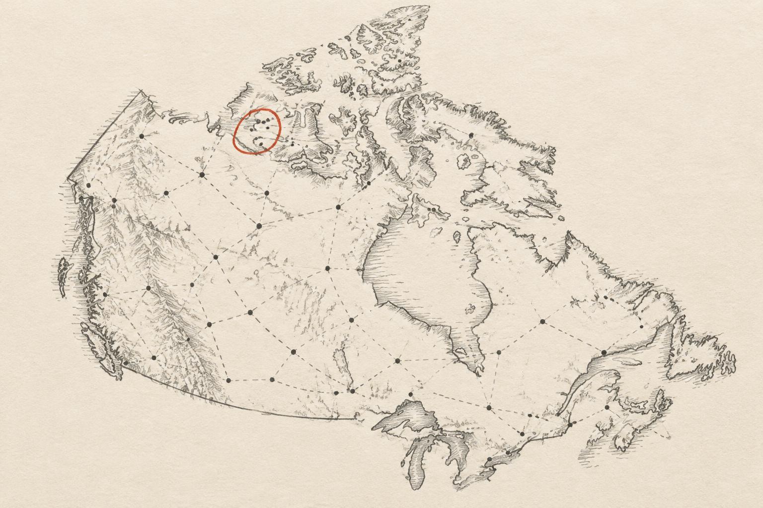 Sketched map of Canada with drone stations connected across rural and northern regions