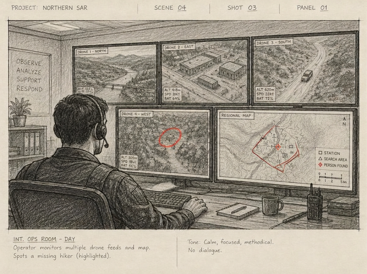Sketch of one operator overseeing several drone feeds