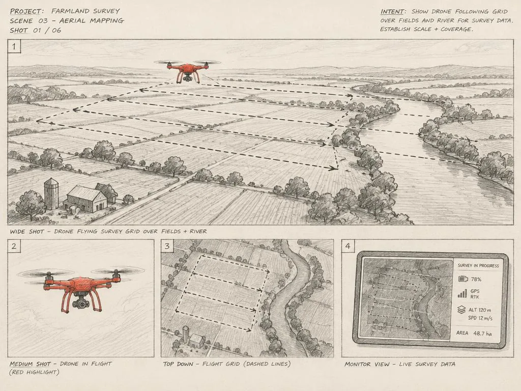 Sketch of a drone flying a survey grid over fields