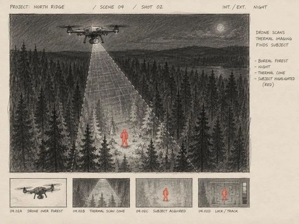 Sketch of a drone thermal scan finding a person in a forest