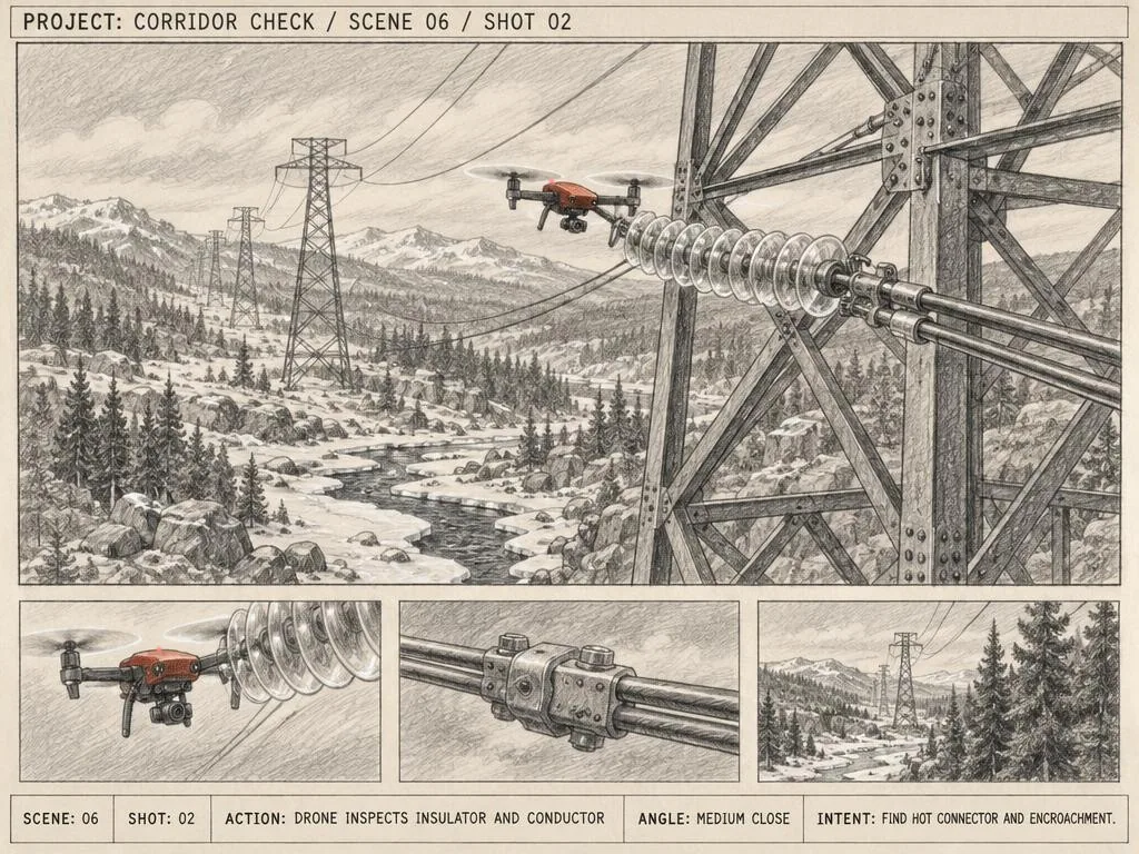 Sketch of a drone inspecting an insulator and conductor on a transmission tower